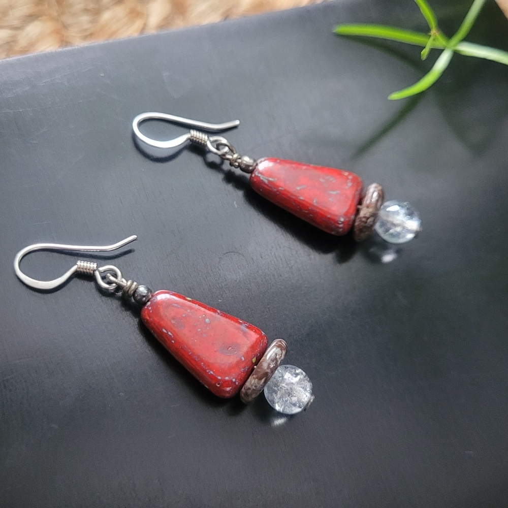 Genuine Stone Geometric Dangle Earrings, Red Speckled and Crackle Beaded